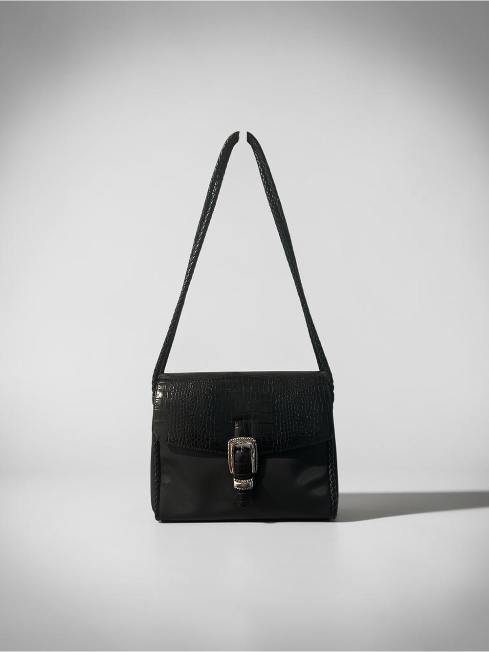 Brighton Vintage Black Nylon Croc Leather Shoulder Bag Braided Strap Western